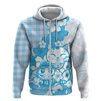 Blue Palaka Hawaiian And Japanese Hoodie Maneki Neko And Sakura Bloom