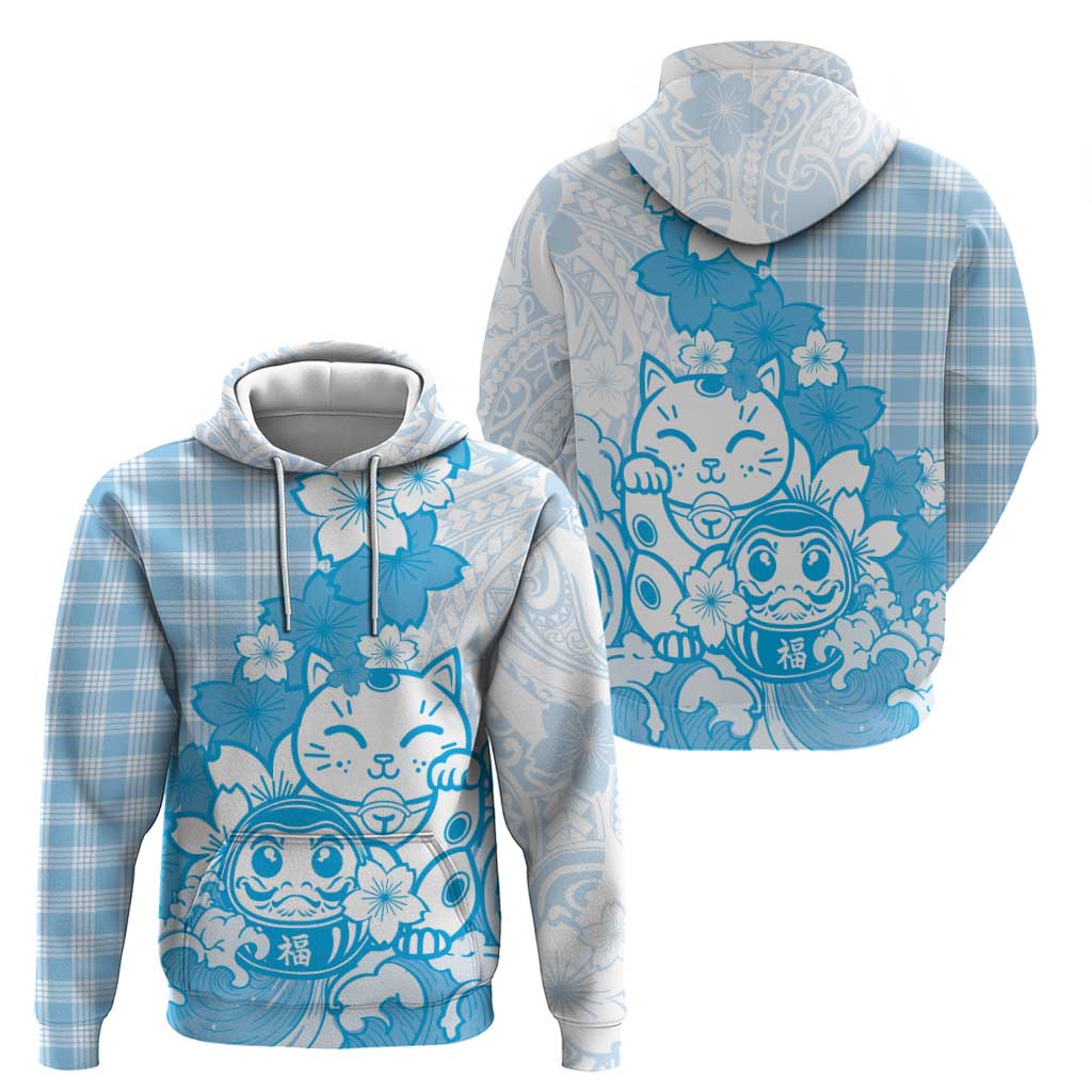 Blue Palaka Hawaiian And Japanese Hoodie Maneki Neko And Sakura Bloom