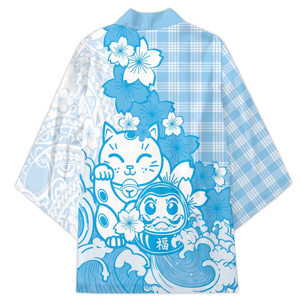 Blue Palaka Hawaiian And Japanese Kimono Maneki Neko And Sakura Bloom