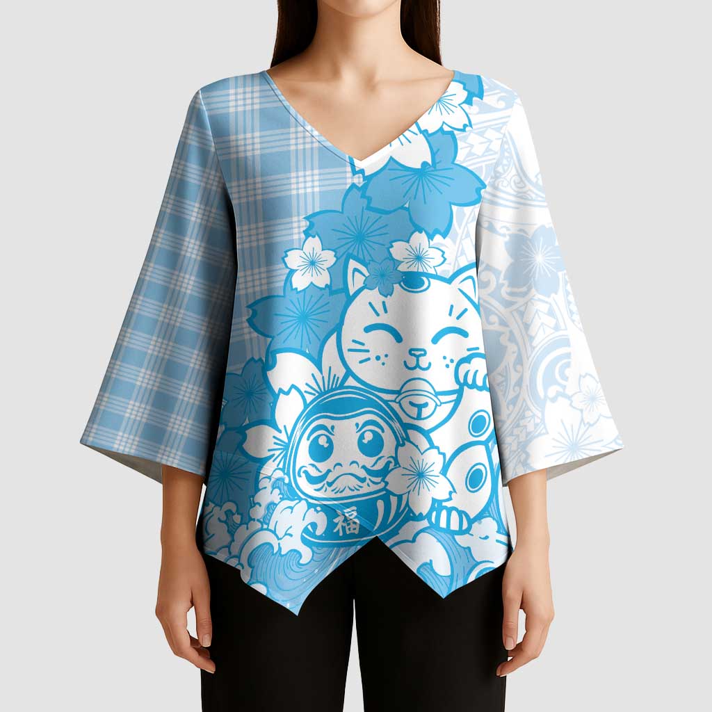 Blue Palaka Hawaiian And Japanese Kimono Sleeve Blouse Maneki Neko And Sakura Bloom