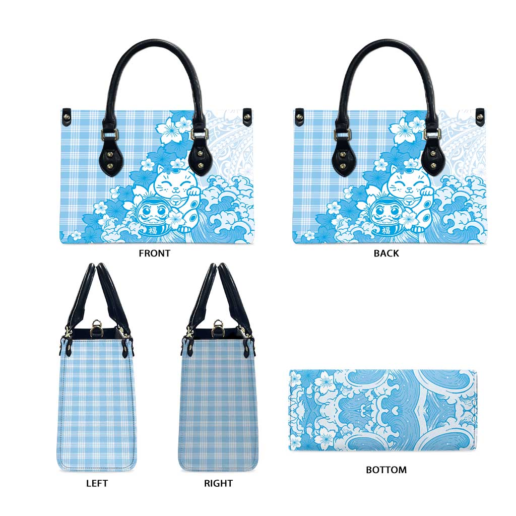 Blue Palaka Hawaiian And Japanese Leather Bag Maneki Neko And Sakura Bloom