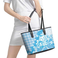 Blue Palaka Hawaiian And Japanese Leather Tote Bag Maneki Neko And Sakura Bloom