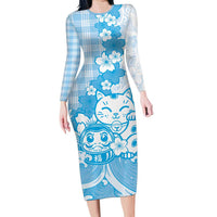 Blue Palaka Hawaiian And Japanese Long Sleeve Bodycon Dress Maneki Neko And Sakura Bloom