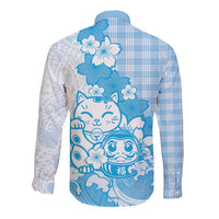 Blue Palaka Hawaiian And Japanese Long Sleeve Button Shirt Maneki Neko And Sakura Bloom