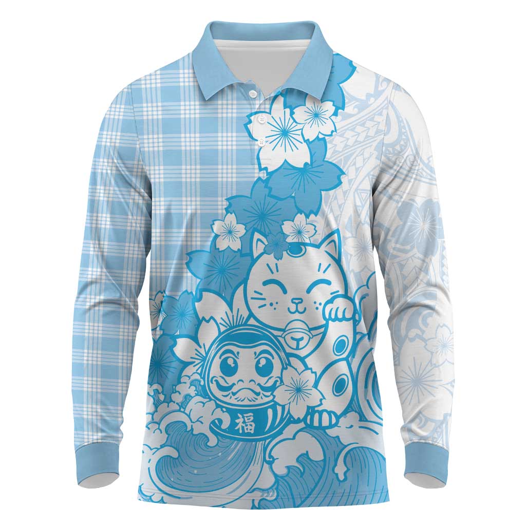 Blue Palaka Hawaiian And Japanese Long Sleeve Polo Shirt Maneki Neko And Sakura Bloom