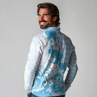 Blue Palaka Hawaiian And Japanese Long Sleeve Polo Shirt Maneki Neko And Sakura Bloom