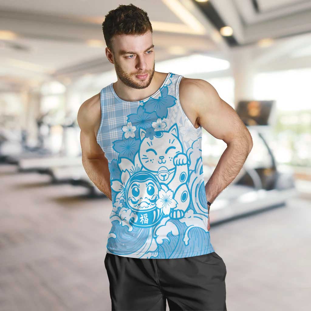 Blue Palaka Hawaiian And Japanese Men Tank Top Maneki Neko And Sakura Bloom