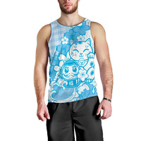 Blue Palaka Hawaiian And Japanese Men Tank Top Maneki Neko And Sakura Bloom