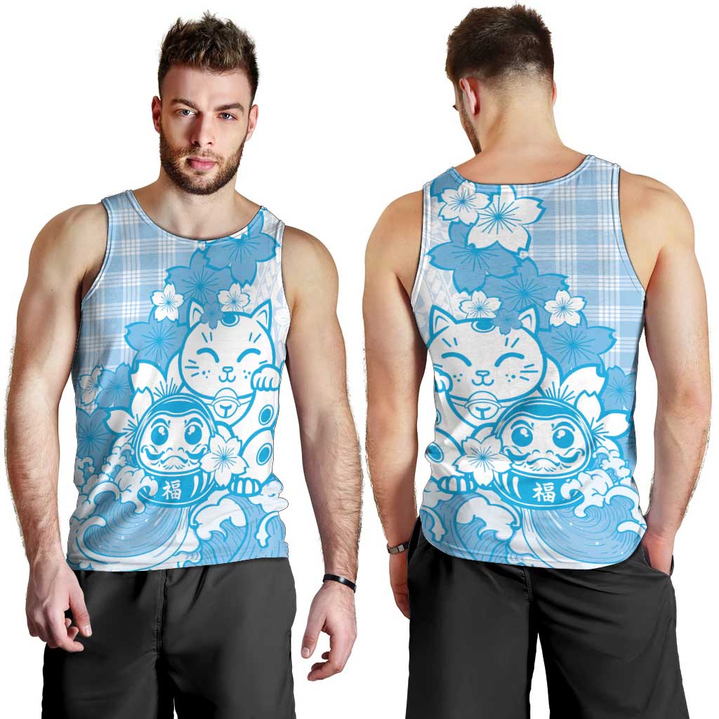Blue Palaka Hawaiian And Japanese Men Tank Top Maneki Neko And Sakura Bloom