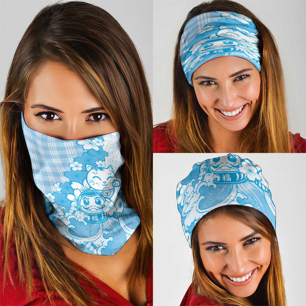 Blue Palaka Hawaiian And Japanese Neck Gaiter Maneki Neko And Sakura Bloom