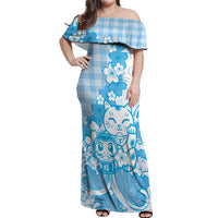 Blue Palaka Hawaiian And Japanese Off Shoulder Maxi Dress Maneki Neko And Sakura Bloom