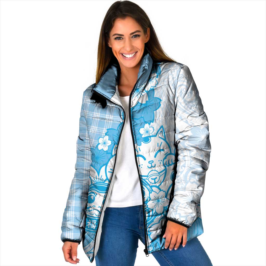 Blue Palaka Hawaiian And Japanese Padded Jacket Maneki Neko And Sakura Bloom