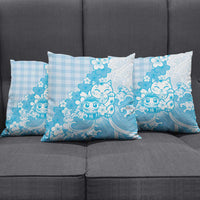 Blue Palaka Hawaiian And Japanese Pillow Cover Maneki Neko And Sakura Bloom