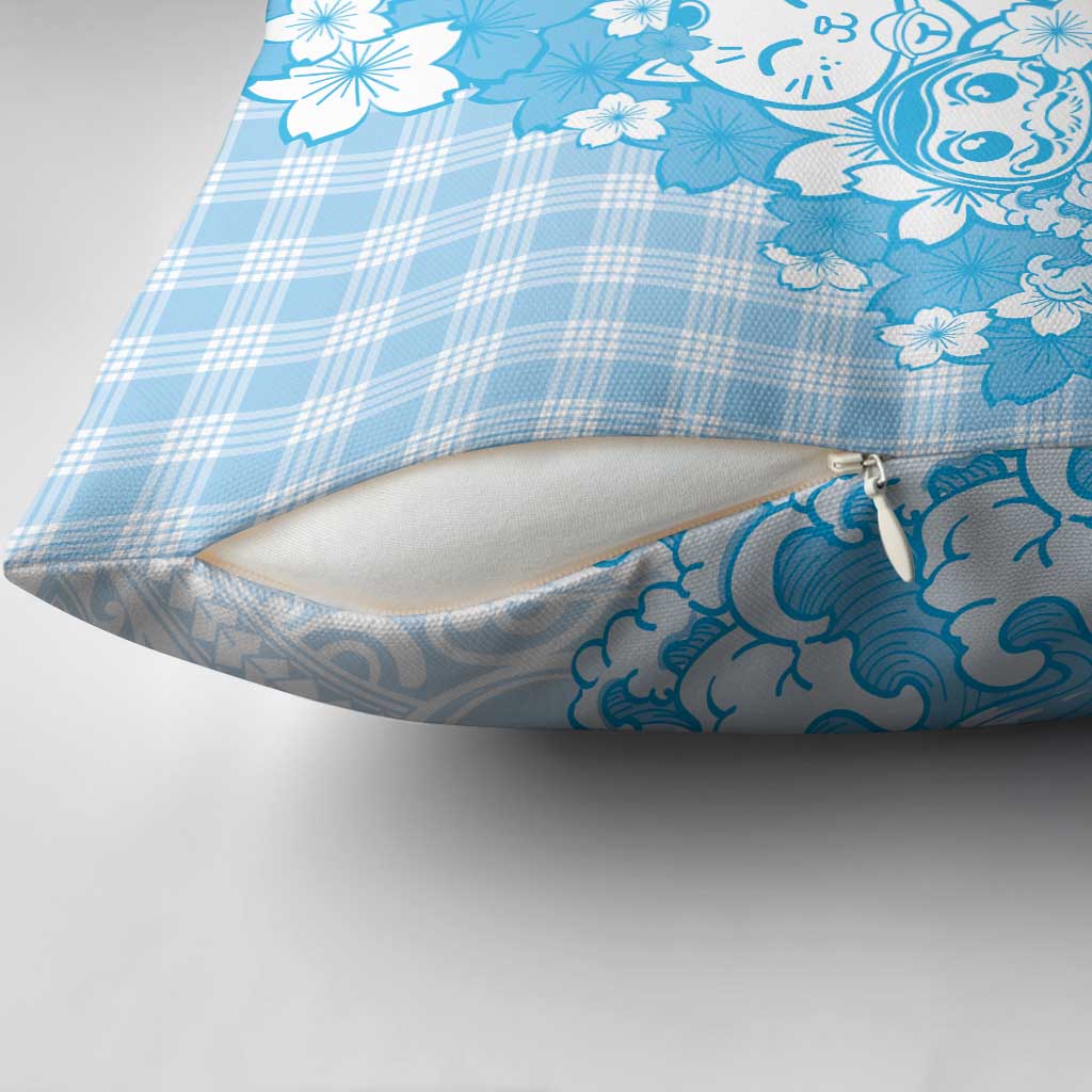 Blue Palaka Hawaiian And Japanese Pillow Cover Maneki Neko And Sakura Bloom