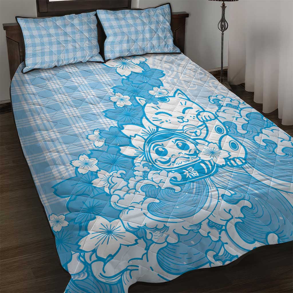 Blue Palaka Hawaiian And Japanese Quilt Bed Set Maneki Neko And Sakura Bloom