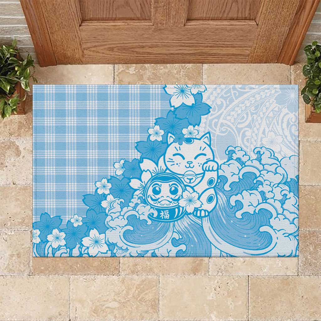 Blue Palaka Hawaiian And Japanese Rubber Doormat Maneki Neko And Sakura Bloom
