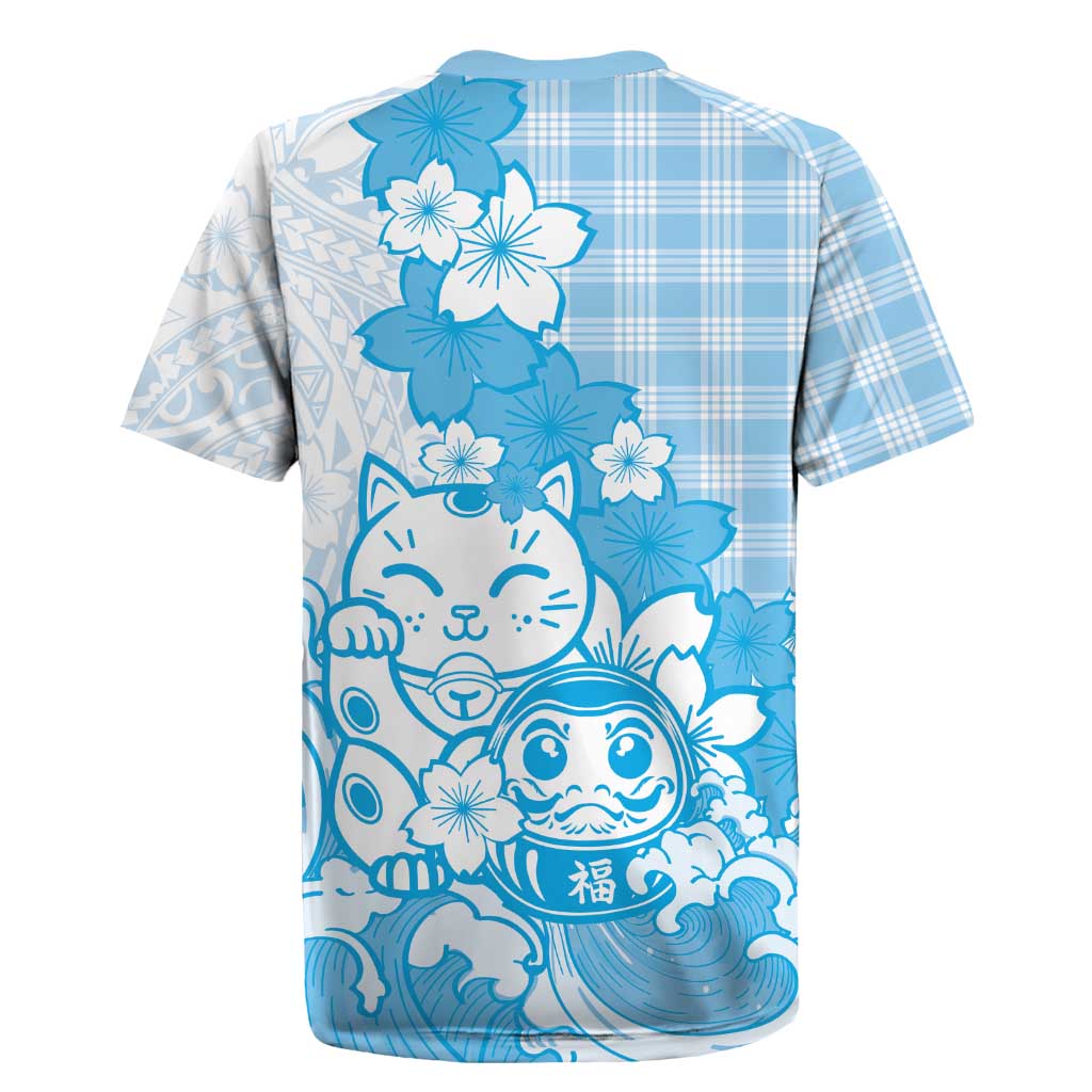 Blue Palaka Hawaiian And Japanese Rugby Jersey Maneki Neko And Sakura Bloom