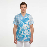 Blue Palaka Hawaiian And Japanese Scrub Top Maneki Neko And Sakura Bloom