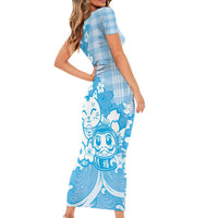 Blue Palaka Hawaiian And Japanese Short Sleeve Bodycon Dress Maneki Neko And Sakura Bloom