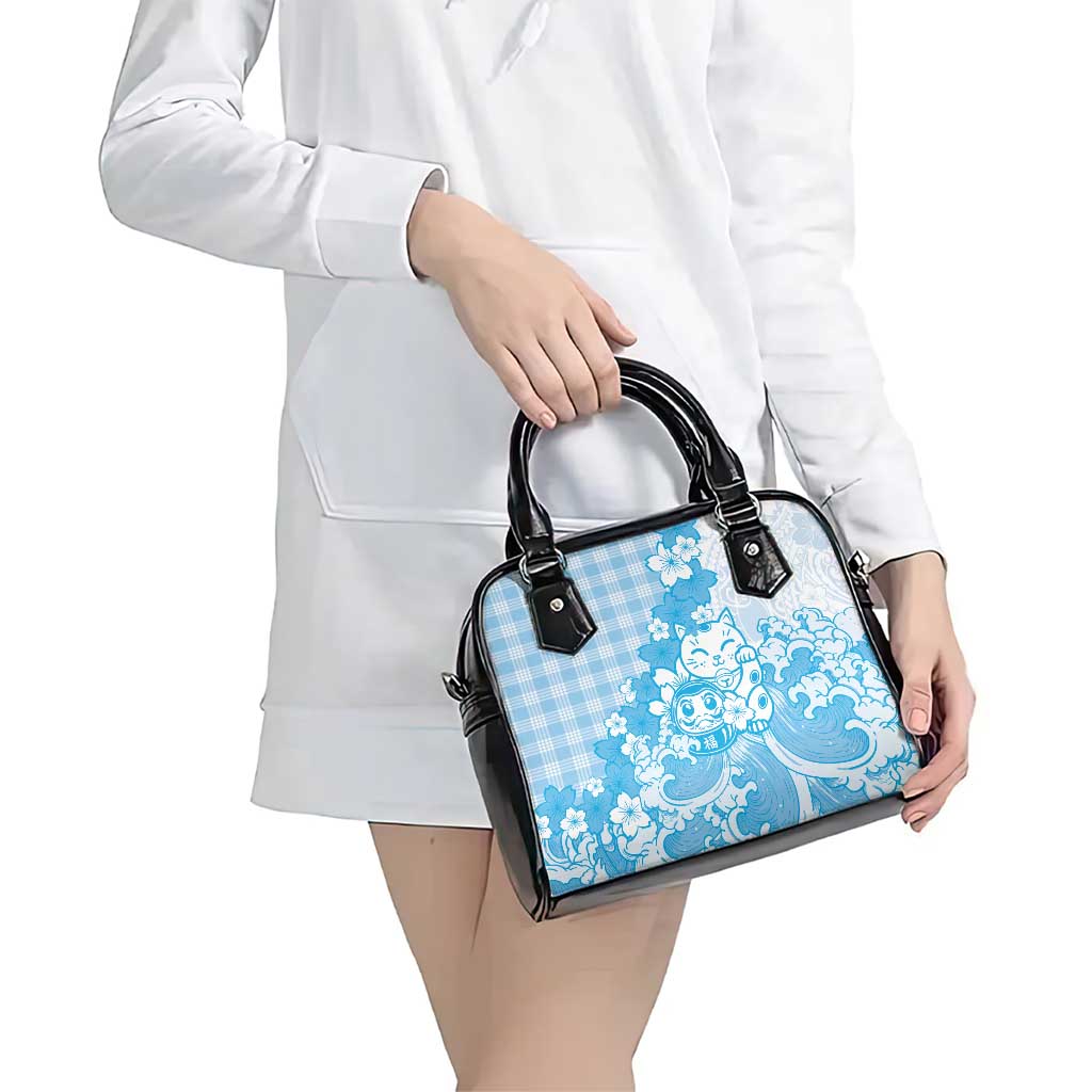Blue Palaka Hawaiian And Japanese Shoulder Handbag Maneki Neko And Sakura Bloom