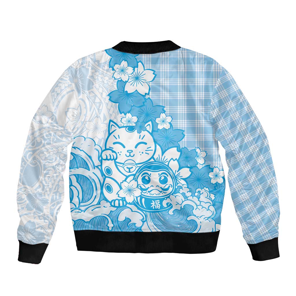 Blue Palaka Hawaiian And Japanese Sleeve Zip Bomber Jacket Maneki Neko And Sakura Bloom