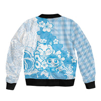 Blue Palaka Hawaiian And Japanese Sleeve Zip Bomber Jacket Maneki Neko And Sakura Bloom