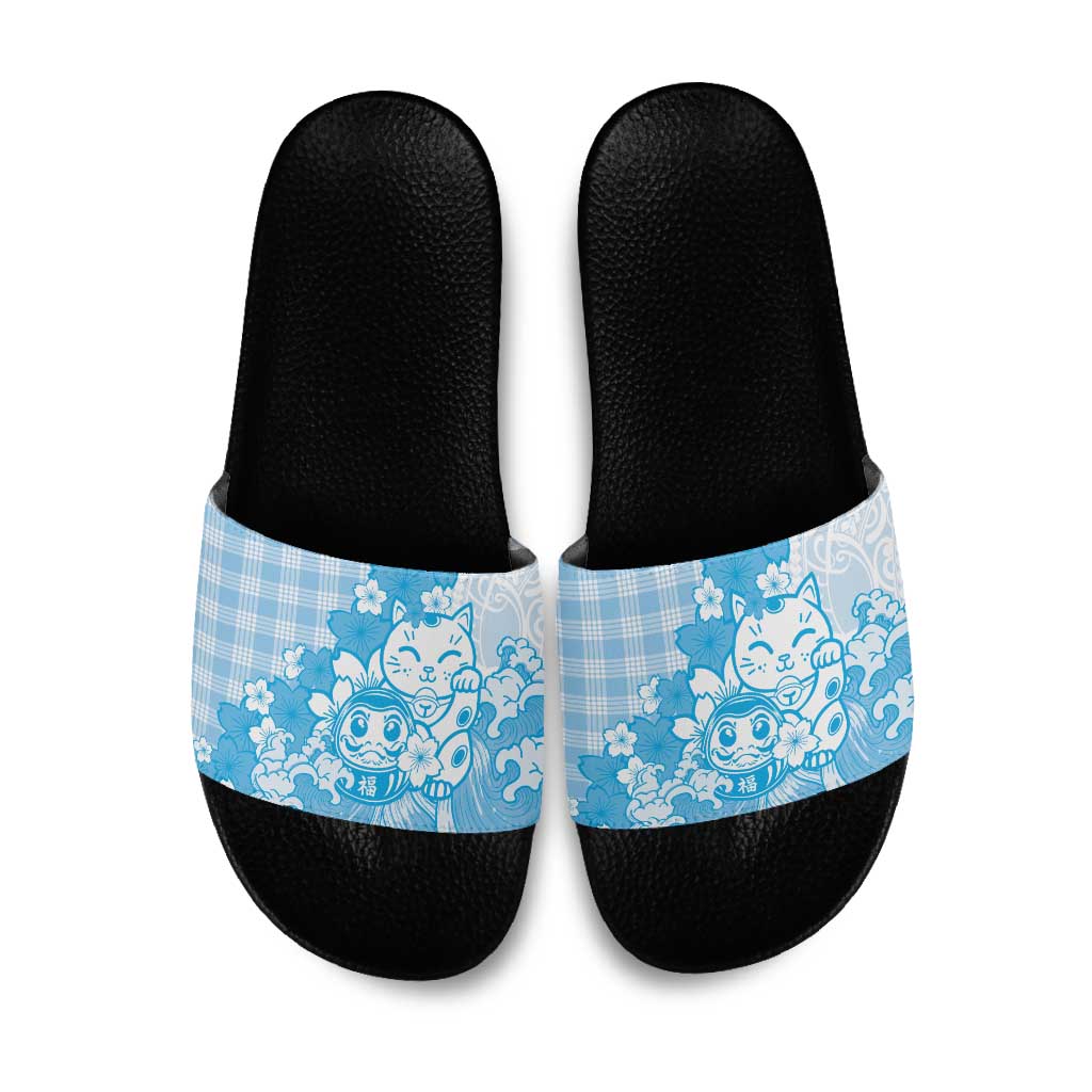 Blue Palaka Hawaiian And Japanese Slide Sandals Maneki Neko And Sakura Bloom