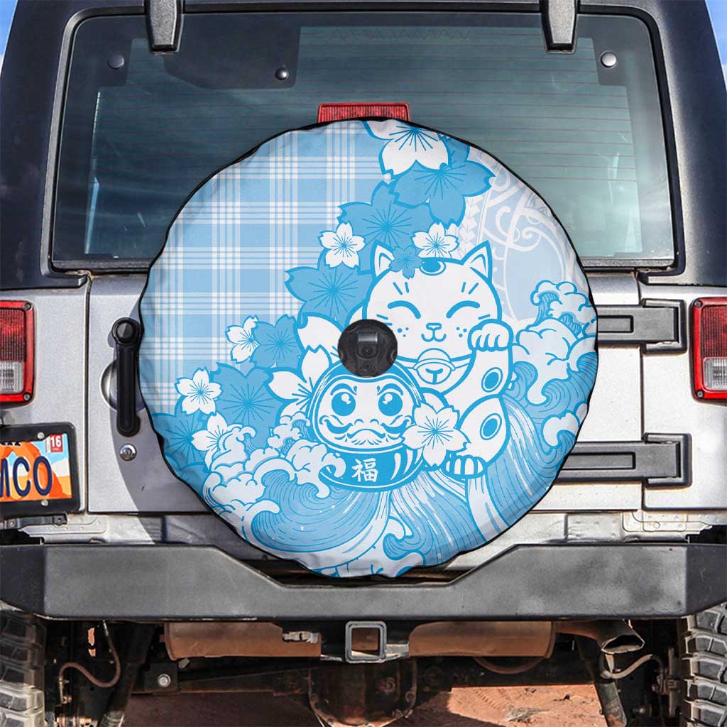 Blue Palaka Hawaiian And Japanese Spare Tire Cover Maneki Neko And Sakura Bloom