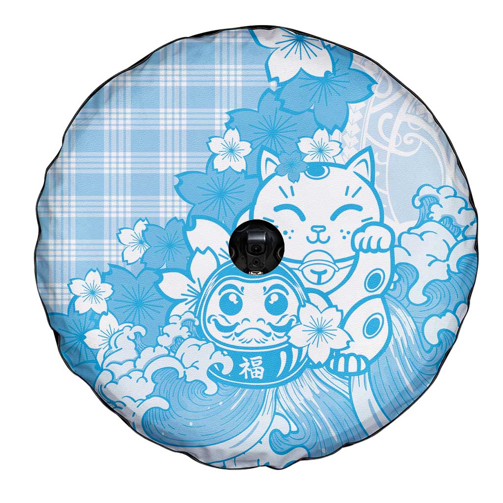 Blue Palaka Hawaiian And Japanese Spare Tire Cover Maneki Neko And Sakura Bloom