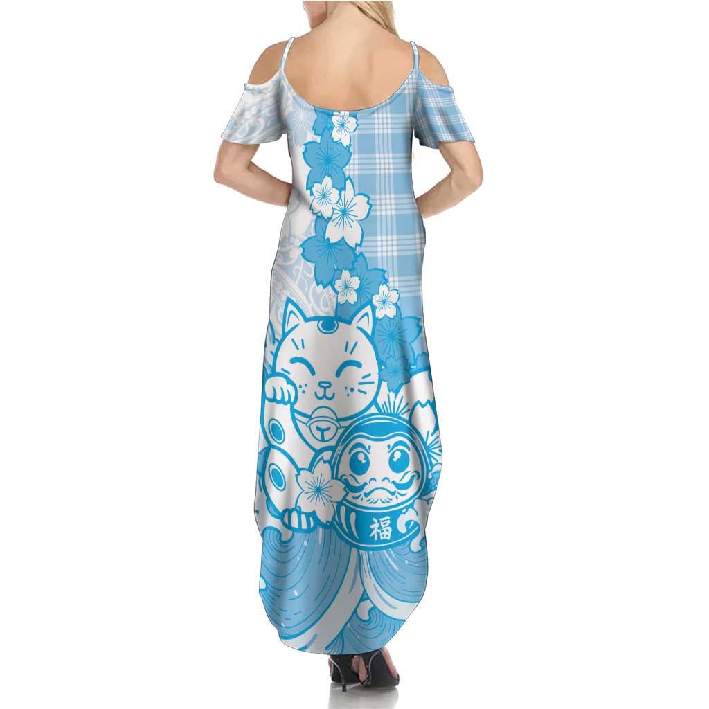 Blue Palaka Hawaiian And Japanese Summer Maxi Dress Maneki Neko And Sakura Bloom