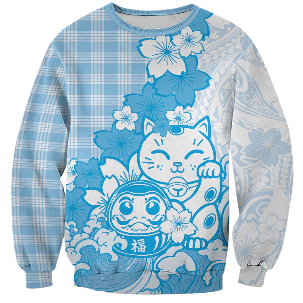 Blue Palaka Hawaiian And Japanese Sweatshirt Maneki Neko And Sakura Bloom