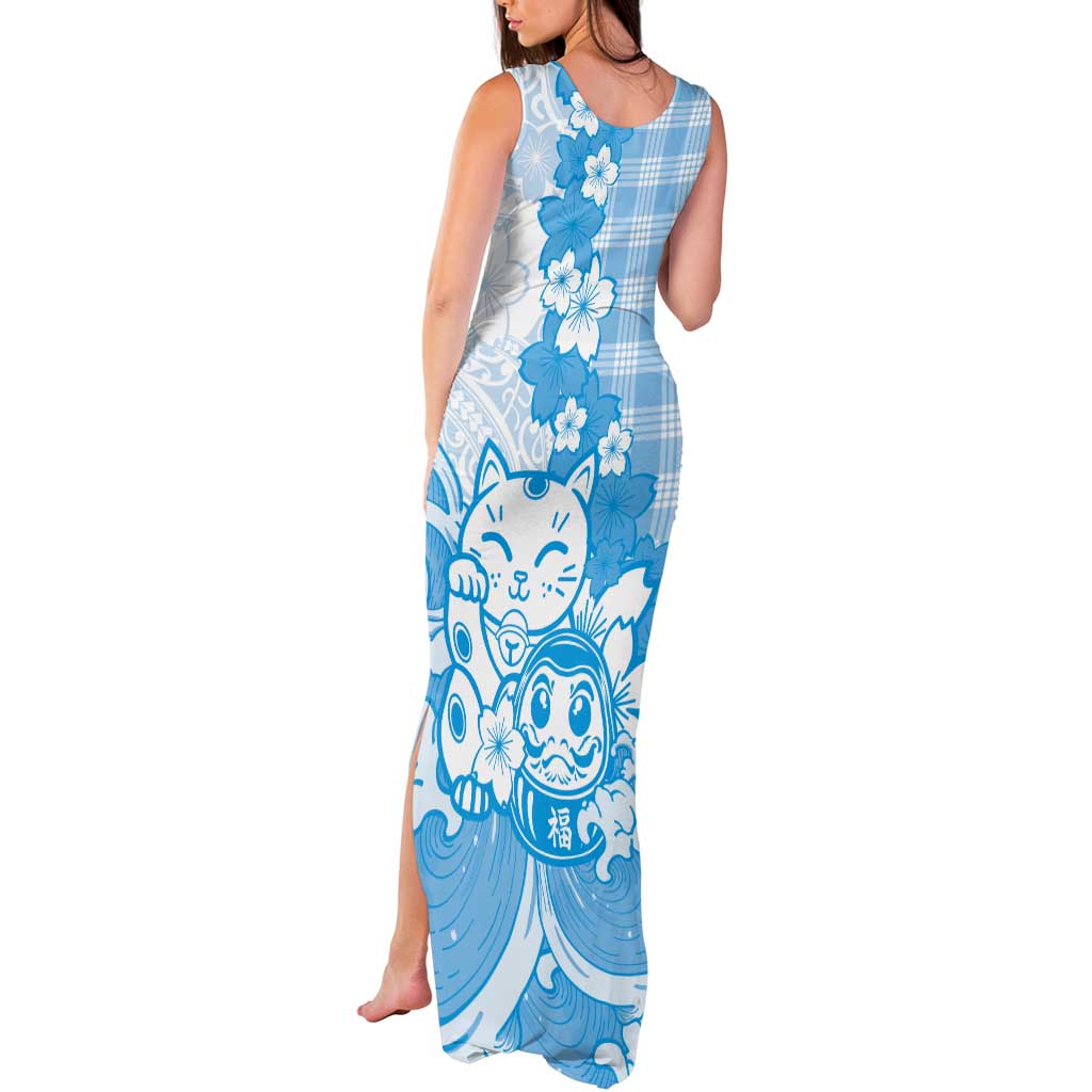 Blue Palaka Hawaiian And Japanese Tank Maxi Dress Maneki Neko And Sakura Bloom