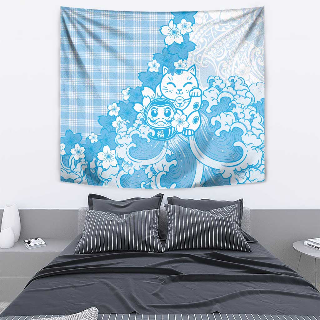 Blue Palaka Hawaiian And Japanese Tapestry Maneki Neko And Sakura Bloom