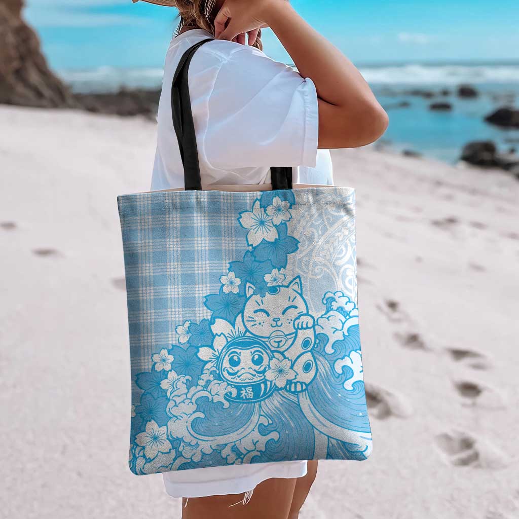 Blue Palaka Hawaiian And Japanese Tote Bag Maneki Neko And Sakura Bloom