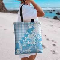 Blue Palaka Hawaiian And Japanese Tote Bag Maneki Neko And Sakura Bloom