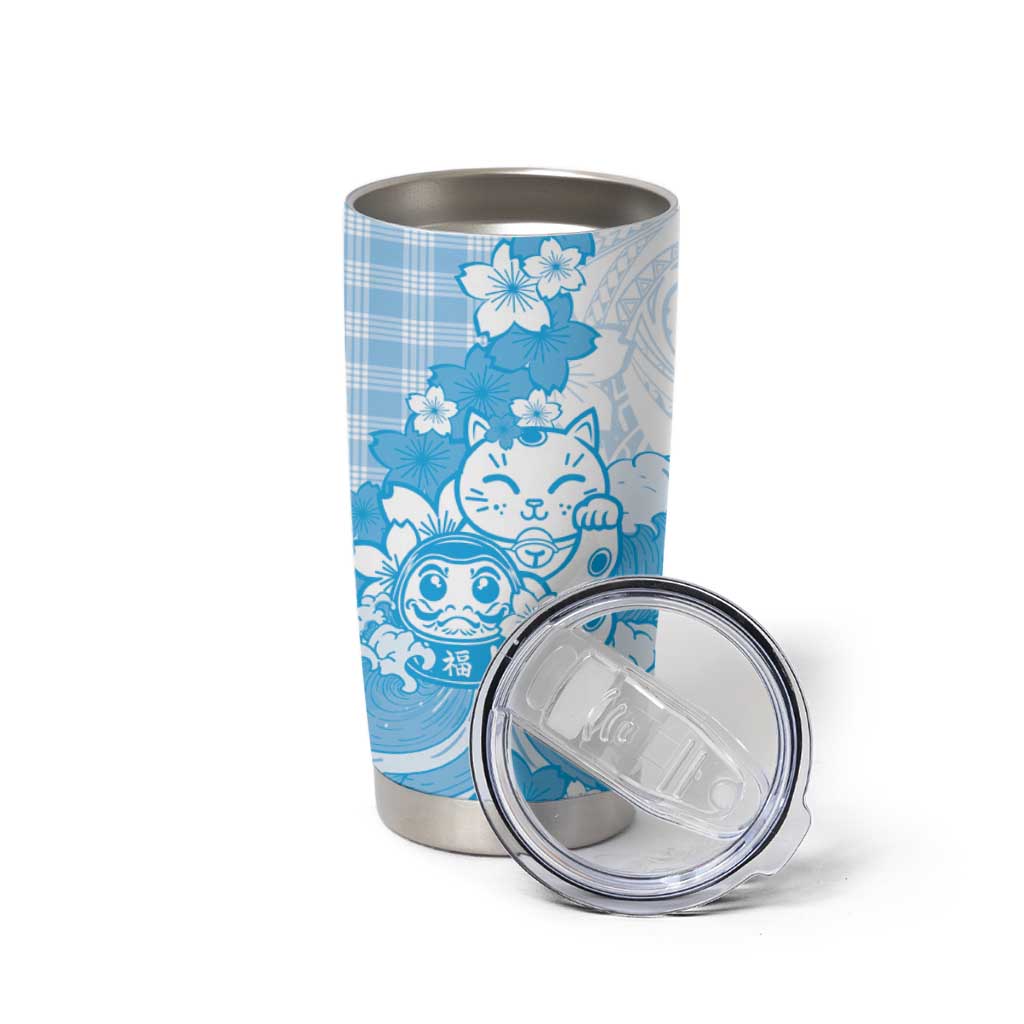 Blue Palaka Hawaiian And Japanese Tumbler Cup Maneki Neko And Sakura Bloom