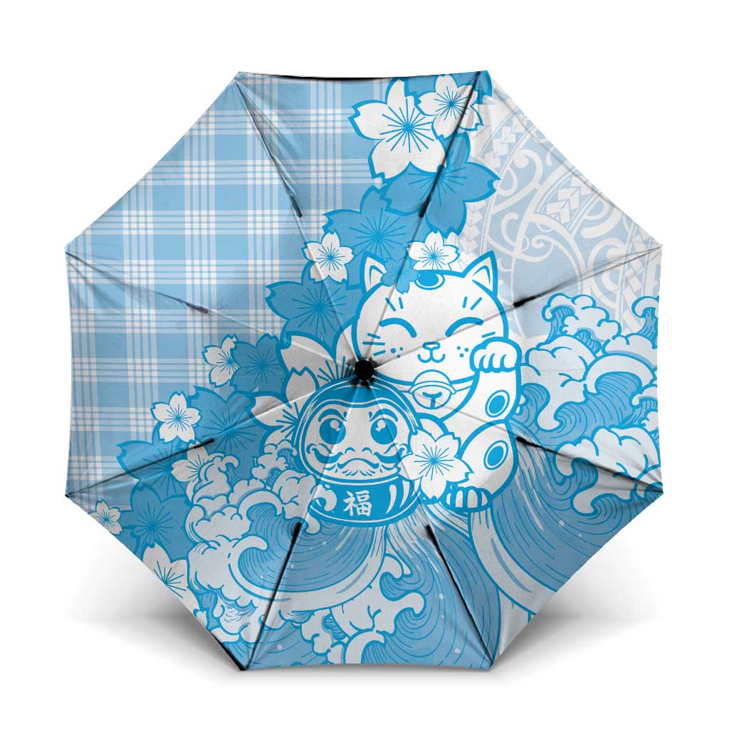 Blue Palaka Hawaiian And Japanese Umbrella Maneki Neko And Sakura Bloom