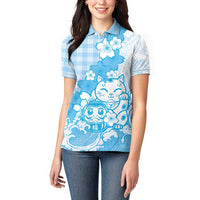 Blue Palaka Hawaiian And Japanese Women Polo Shirt Maneki Neko And Sakura Bloom