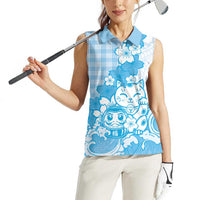 Blue Palaka Hawaiian And Japanese Women Sleeveless Polo Shirt Maneki Neko And Sakura Bloom