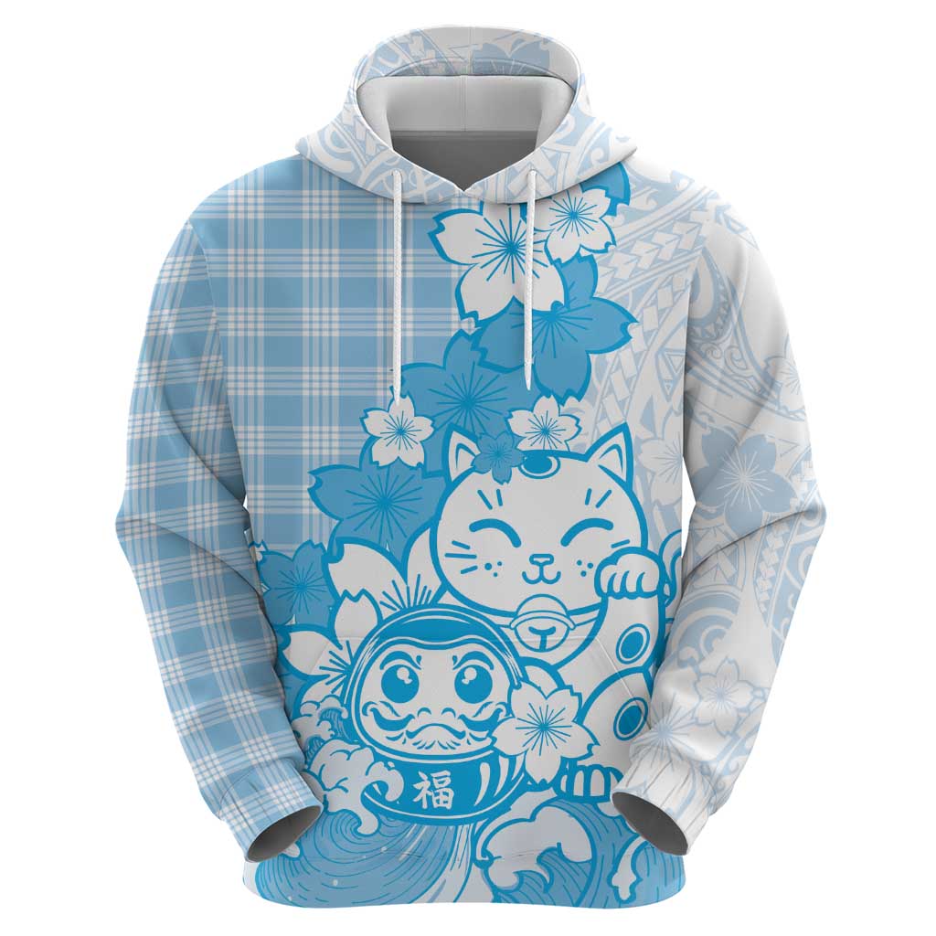 Blue Palaka Hawaiian And Japanese Zip Hoodie Maneki Neko And Sakura Bloom