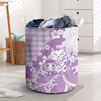Purple Palaka Hawaiian And Japanese Laundry Basket Maneki Neko And Sakura Bloom