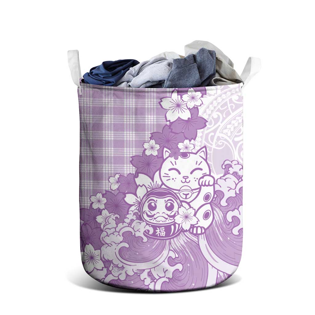 Purple Palaka Hawaiian And Japanese Laundry Basket Maneki Neko And Sakura Bloom