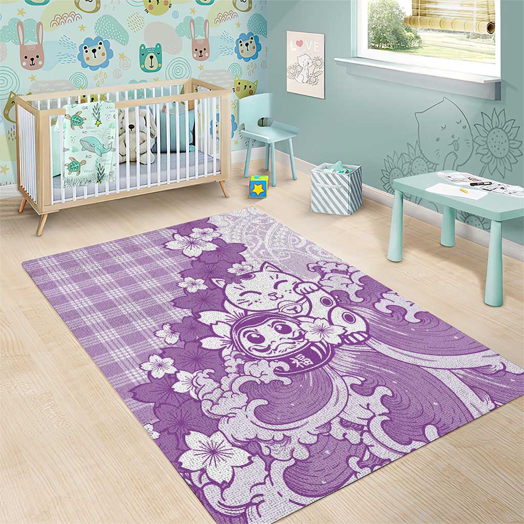 Purple Palaka Hawaiian And Japanese Area Rug Maneki Neko And Sakura Bloom