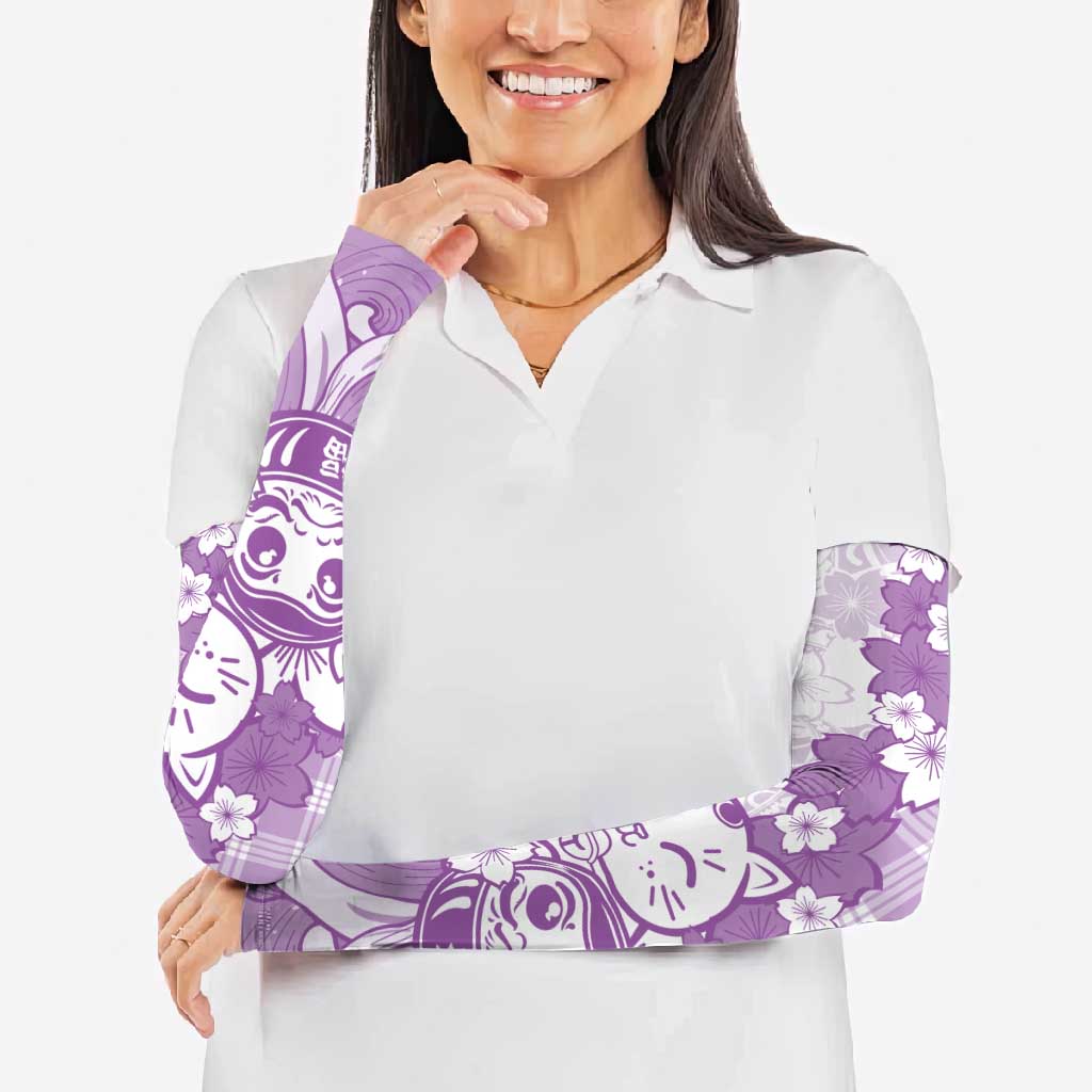 Purple Palaka Hawaiian And Japanese Arm Sleeves Maneki Neko And Sakura Bloom