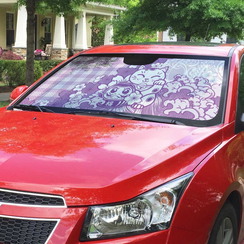 Purple Palaka Hawaiian And Japanese Auto Sun Shade Maneki Neko And Sakura Bloom