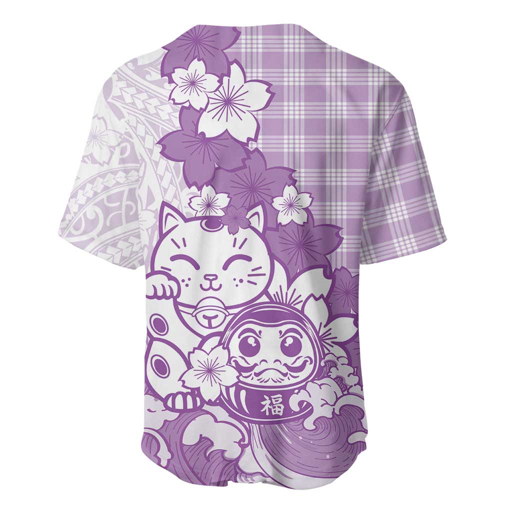 Purple Palaka Hawaiian And Japanese Baseball Jersey Maneki Neko And Sakura Bloom