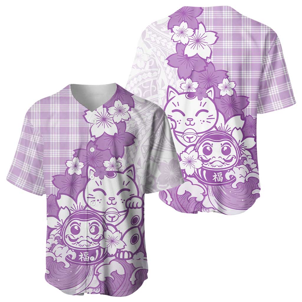 Purple Palaka Hawaiian And Japanese Baseball Jersey Maneki Neko And Sakura Bloom