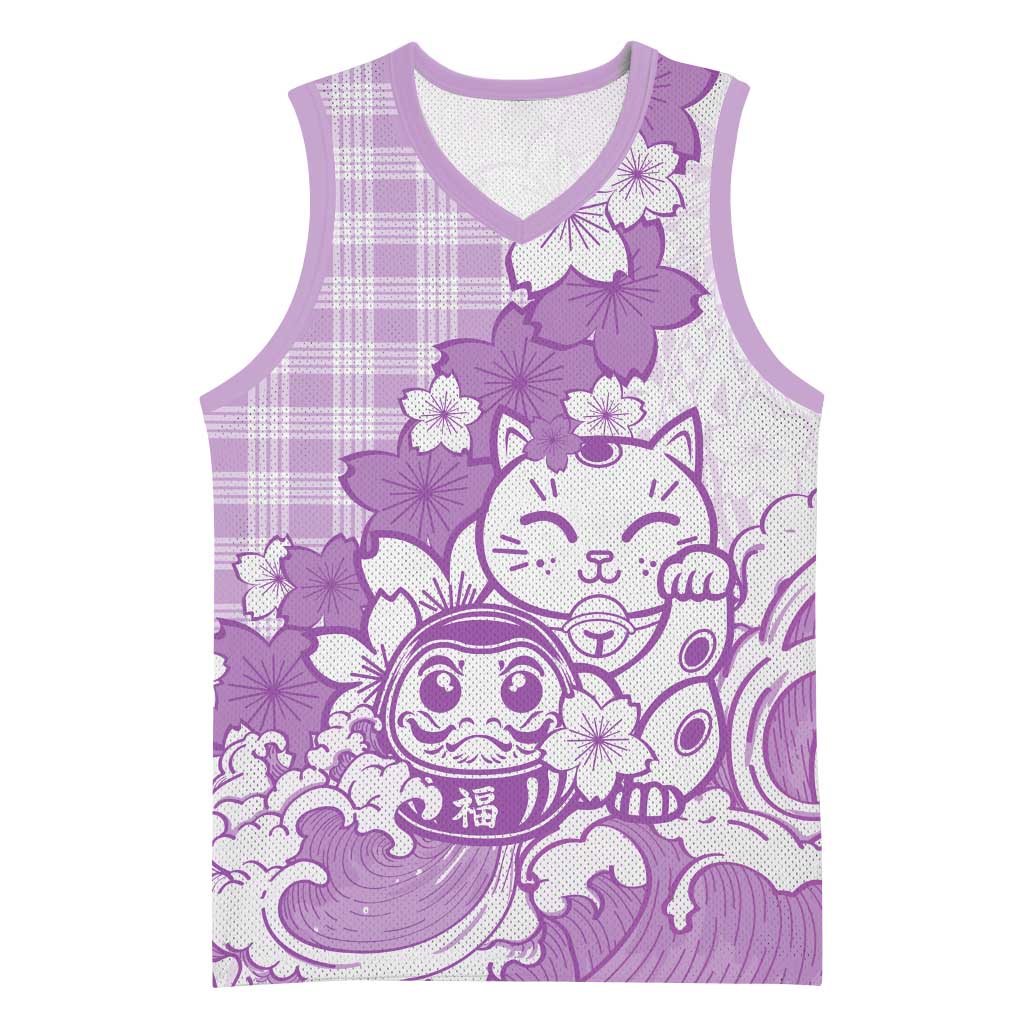 Purple Palaka Hawaiian And Japanese Basketball Jersey Maneki Neko And Sakura Bloom