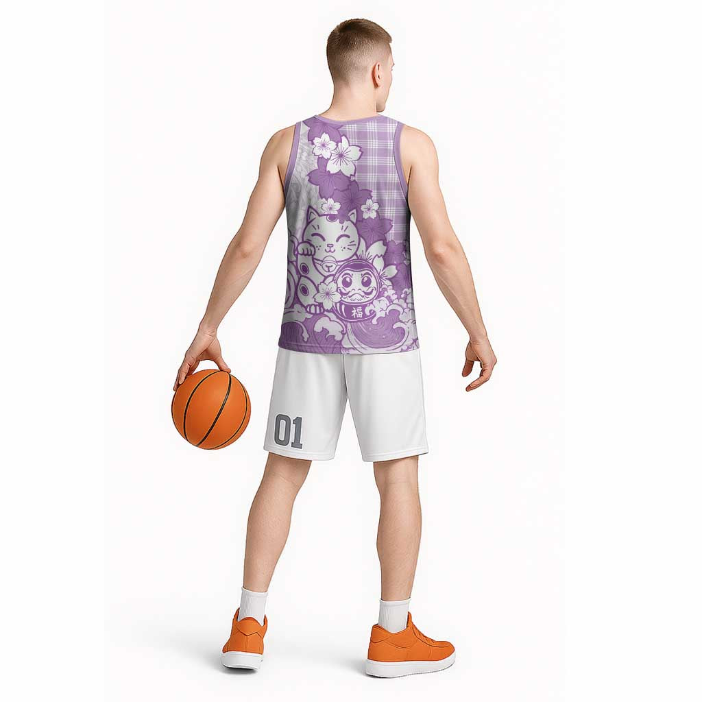 Purple Palaka Hawaiian And Japanese Basketball Jersey Maneki Neko And Sakura Bloom