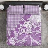 Purple Palaka Hawaiian And Japanese Bedding Set Maneki Neko And Sakura Bloom